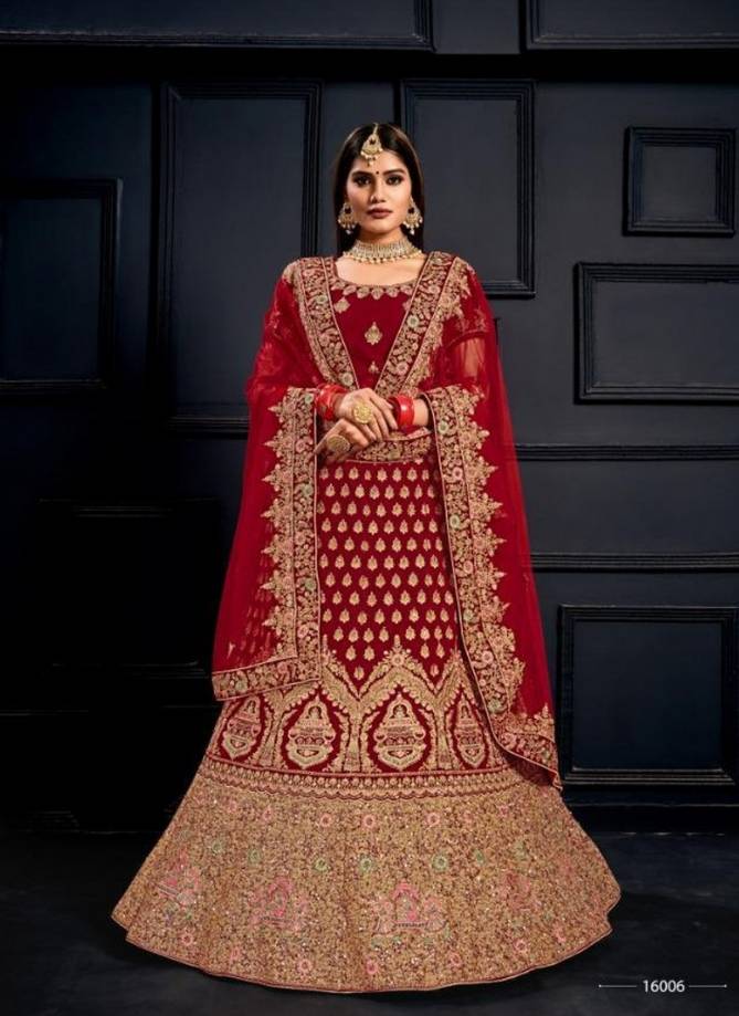 Red Colour Latest Designer Heavy Velvet Wedding Wear Stone Dori And Thread Work Bridal Lehenga Choli Collection 16006